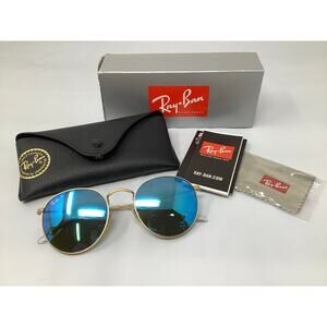 Ray Ban Women's Round Metal Gold Blue Mirror Polarized	Sunglasses Italy O14-6